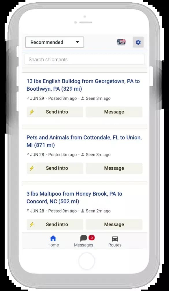 screenshot of CitizenShipper dashboard with shipment listings