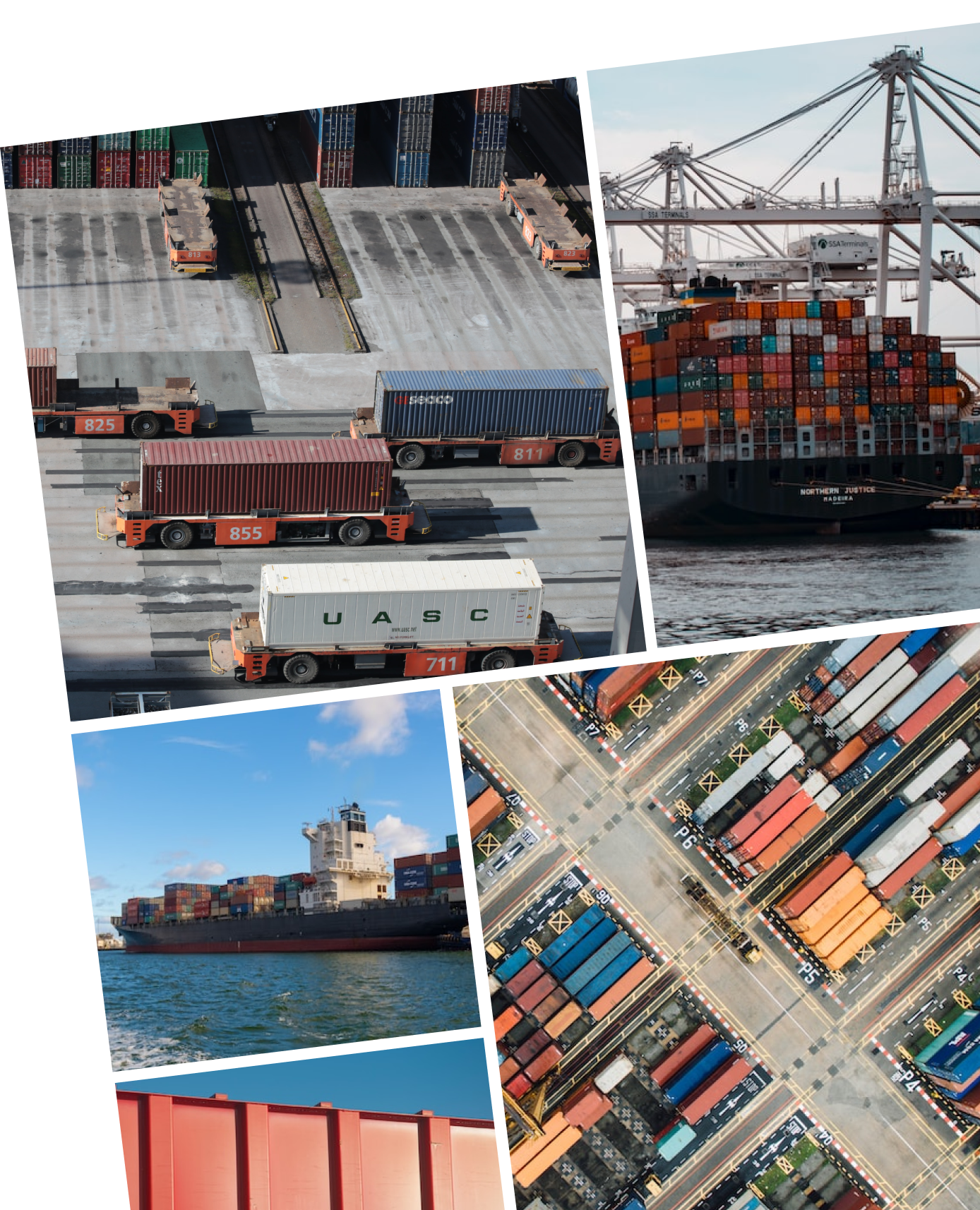 A collage of container shipping operations, showcasing trucks transporting containers, a cargo ship loaded with containers, and an aerial view of a container terminal.