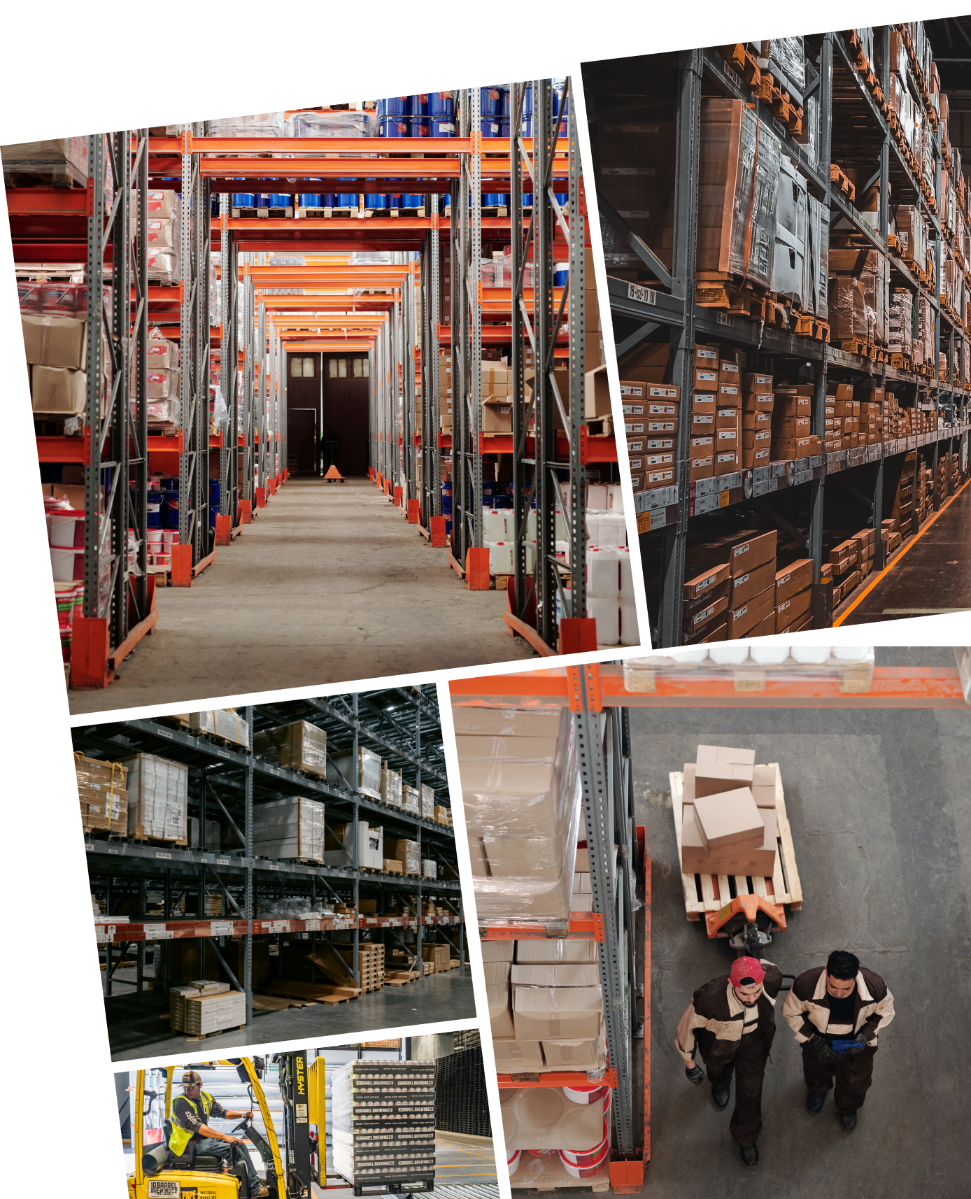A collage of photos of Interior of a warehouse with rows of shelving stocked with goods and employees working.